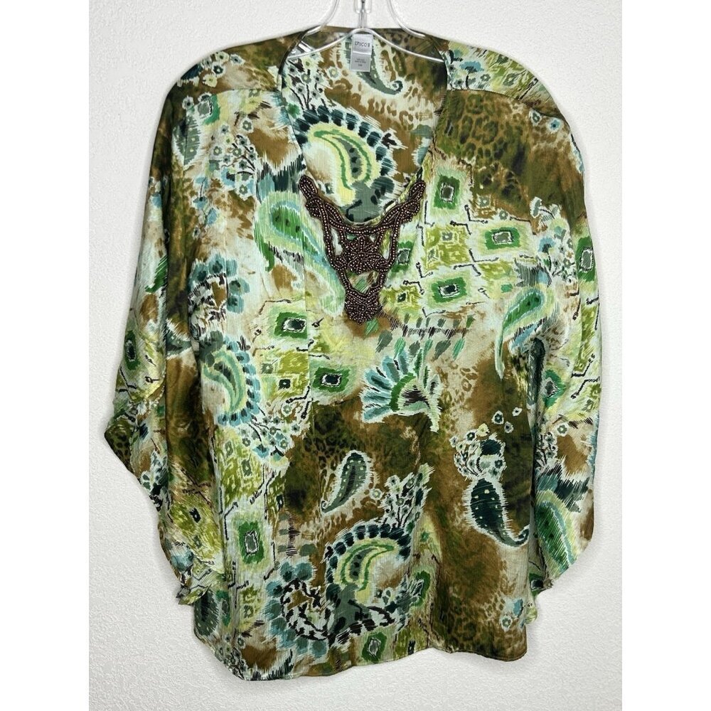 Chicos Silk Poncho Top S/M Green Paisley Animal Print Artsy Lightweight Beaded